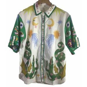 Days Of Heaven Print Shirt Button Up Linen Blend Sz Small Multicolor Relaxed Fit